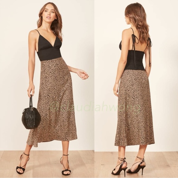 REFORMATION Bia Leopard Print Midi Skirt in Bengal Brown - Picture 1 of 10